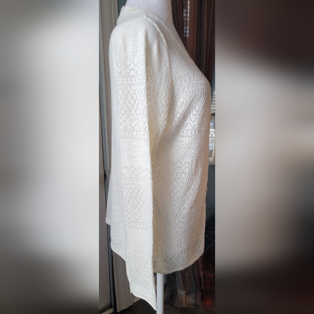 Frye Pointelle V Neck Cardigan Sweater Womens L Ivory Cottagecore 100% Cotton - Picture 4 of 11